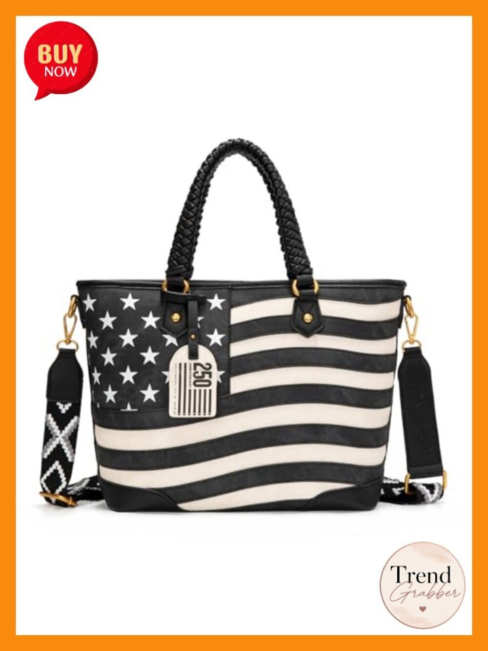 Vintage Patriotic Western Tote Bag with Braided Top Handles